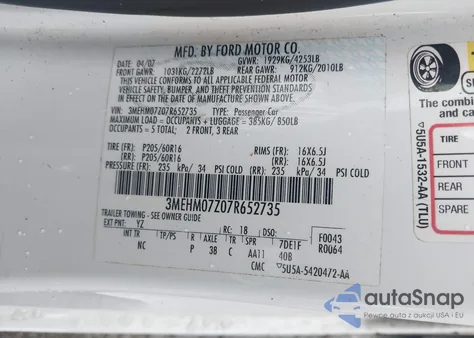 2007 Mercury Milan I4 from USA, damaged, VIN 3MEHM07Z07R652735
